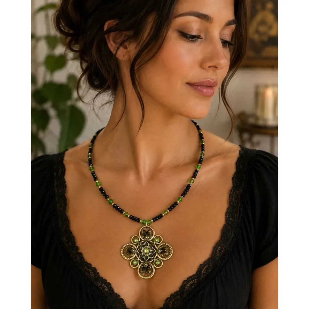 OOAK Handmade Black Green Beaded Necklace Antique Gold Floral Medallion Pendant